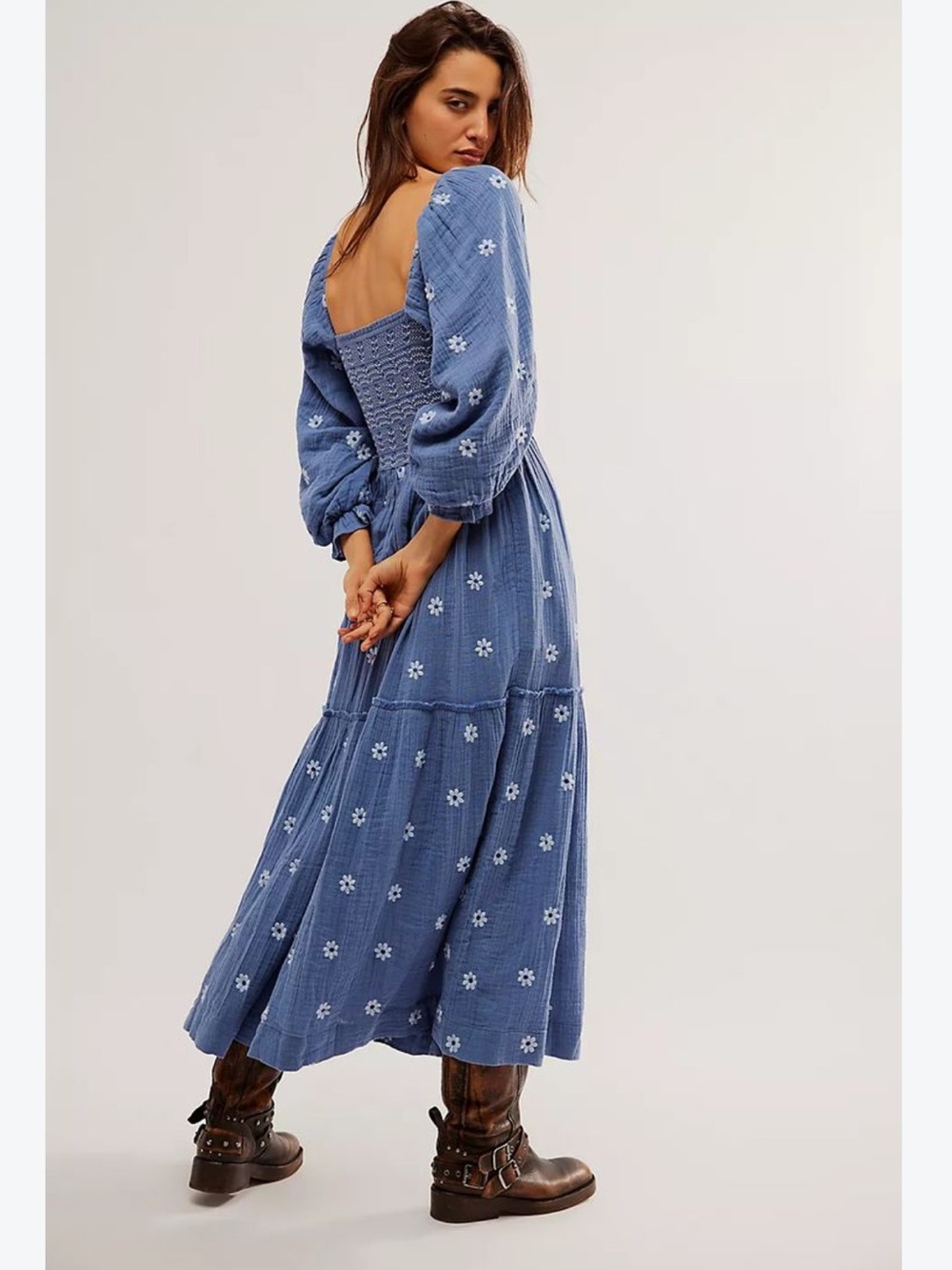 Aaron & Amber Blue Floral Smocked Maxi Dress